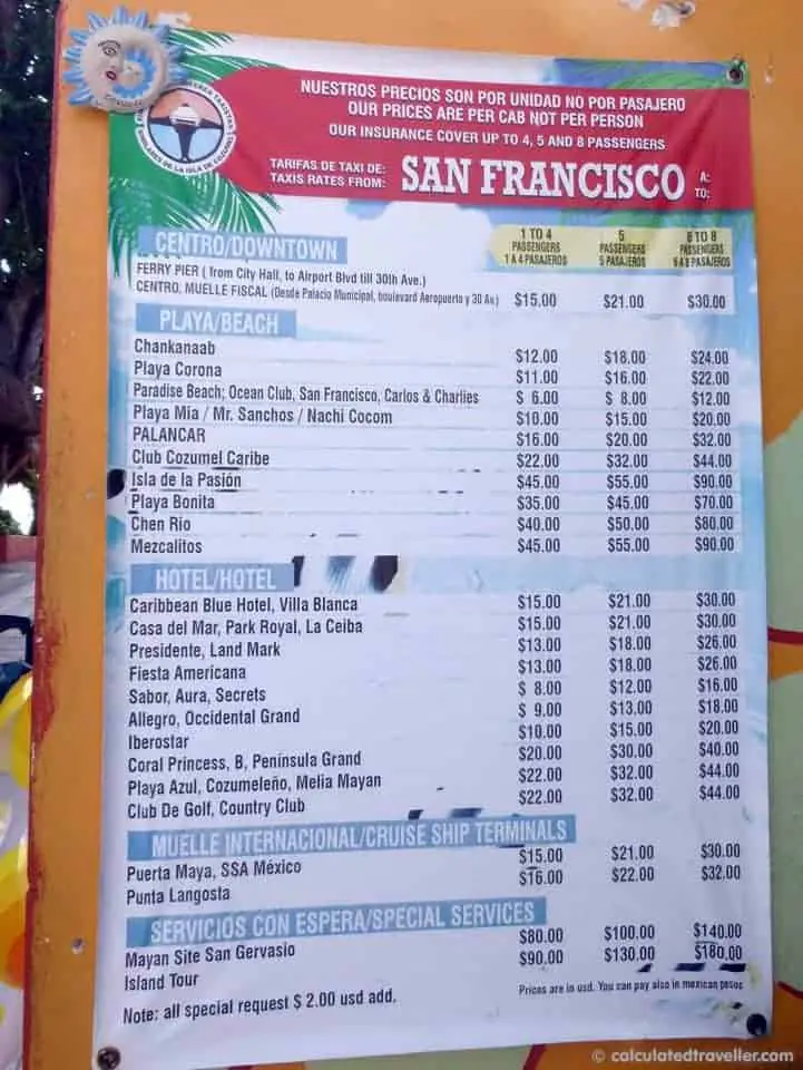 Taxi fare to San Francisco Beach Club on Playa Paradise Beach Cozumel Mexico