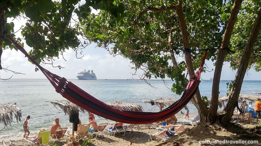 A Relaxing Day with the Black Sands of Shipwreck Beach St. Kitts - Hammock with view of the cruise ship
