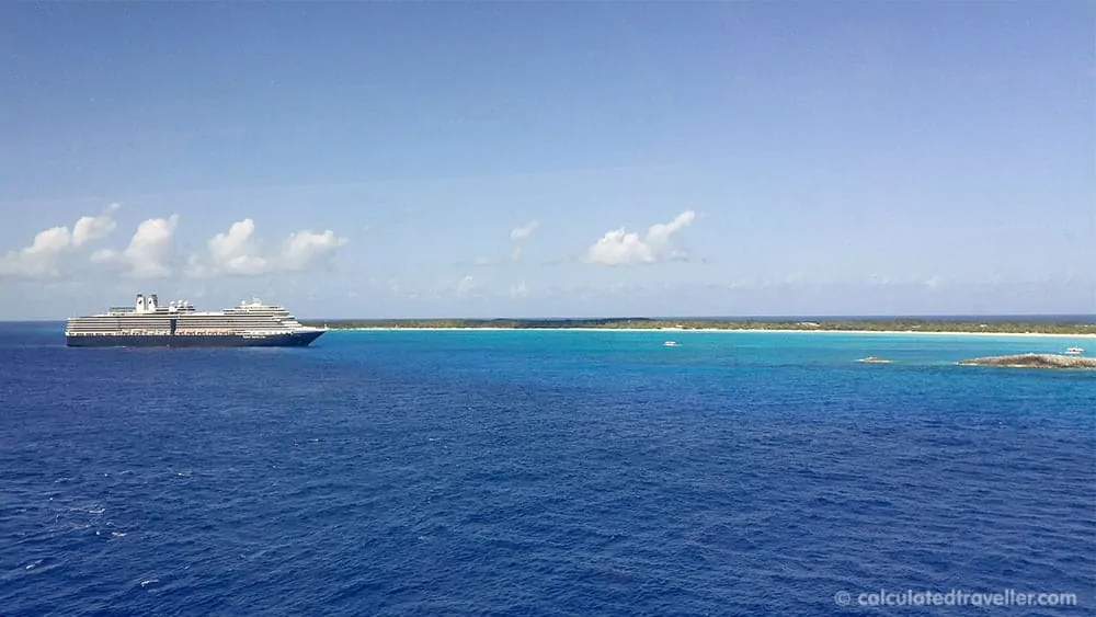 Holland America Line Half Moon Cay Private Island Escape. View of the cruise ship docked in the harbour.