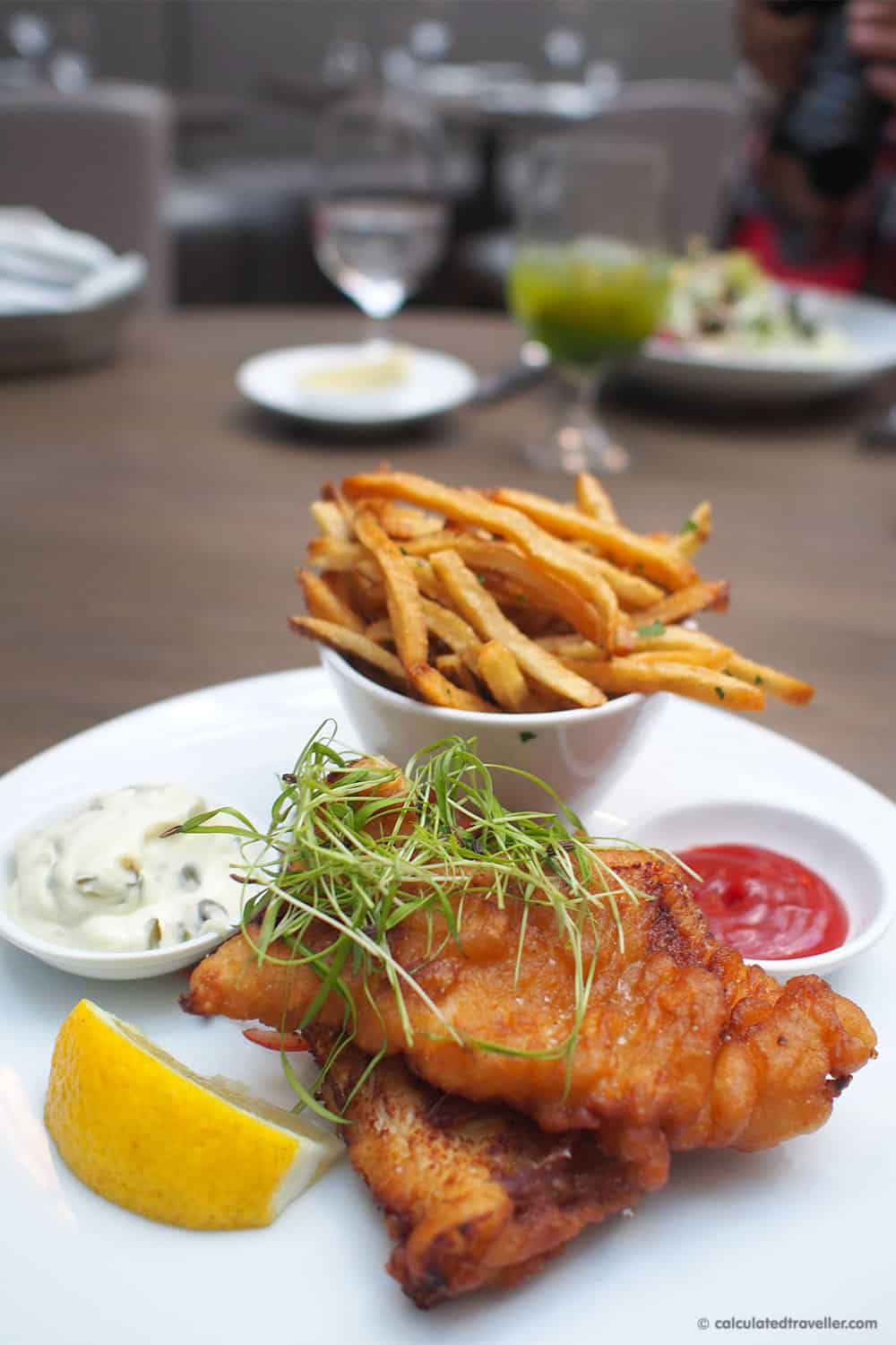Exploring the Village of Yorkville Toronto. A Day of Food, Architecture and History - Sassafraz Restaurant Fogo Island Cod n Chips (with a ginger beer batter) caper remoulade and coleslaw