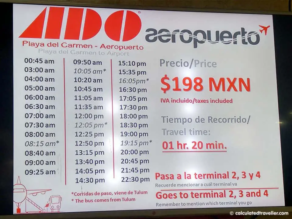 ADO Airport bus schedule from Playa del Carmen to Cancun