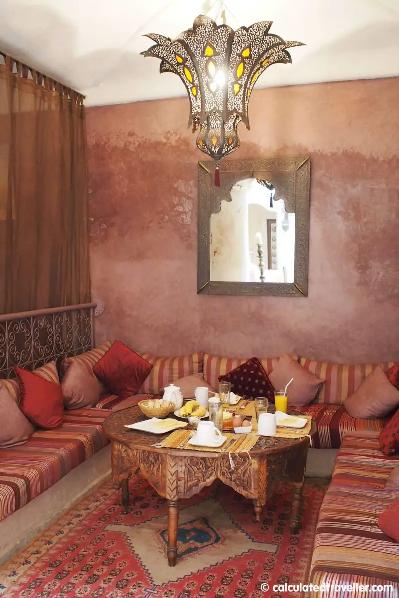 elaborate breakfast served in the sitting area at Riad Lorsya 
