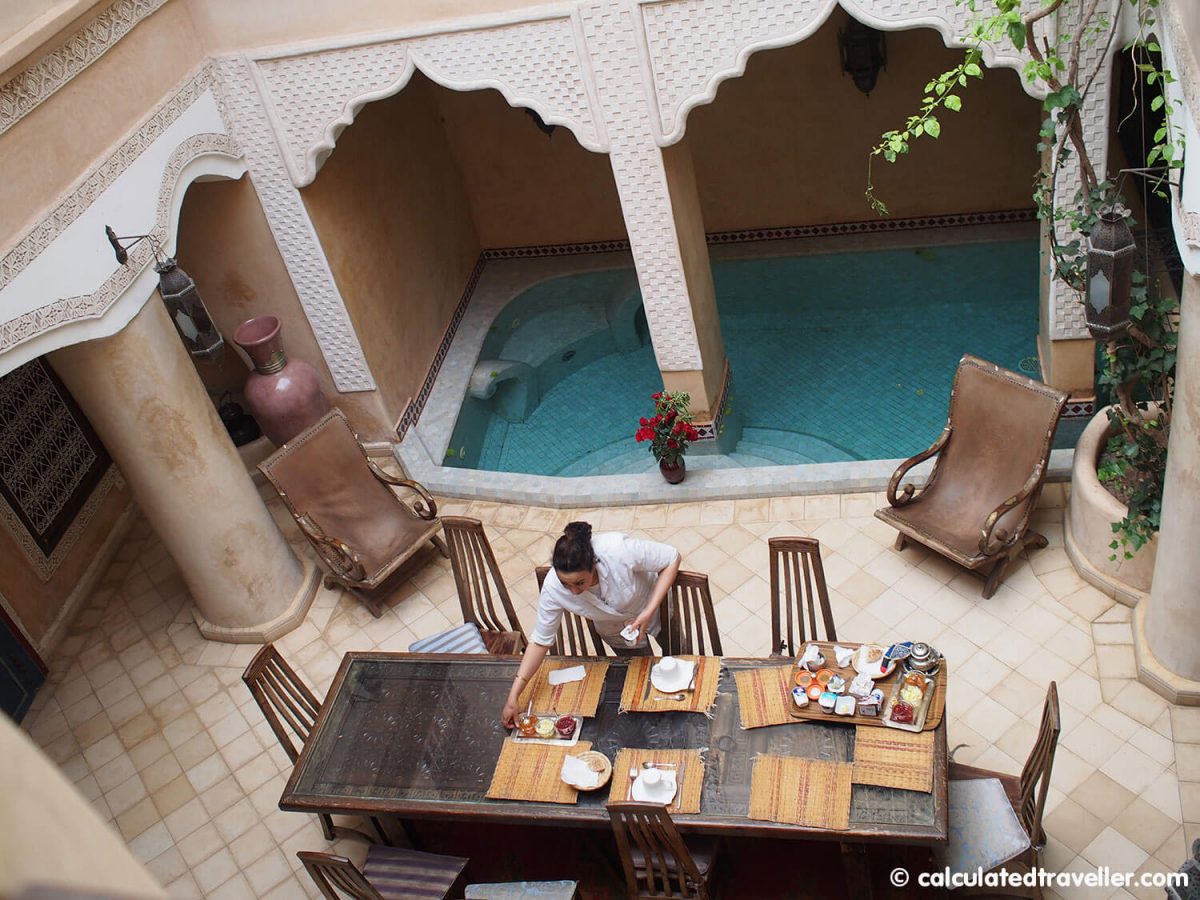 View of central courtyard and pool at Riad Lorsya Marrakesh Morocco