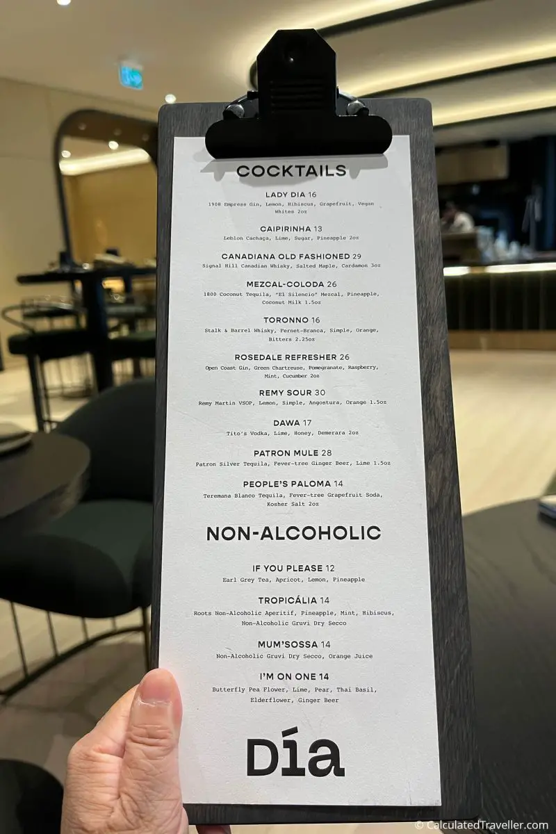 Alcoholic and non-alcoholic cocktail menu at Dia Restaurant