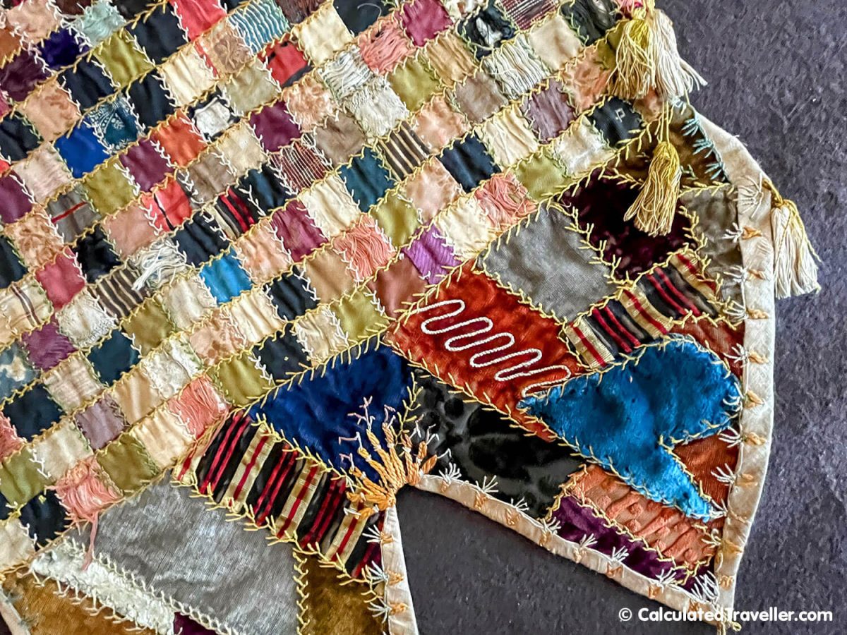 Close up photo of Fish Crazy Quilt by Lucinda Robinson-Rice of New Market, Virginia