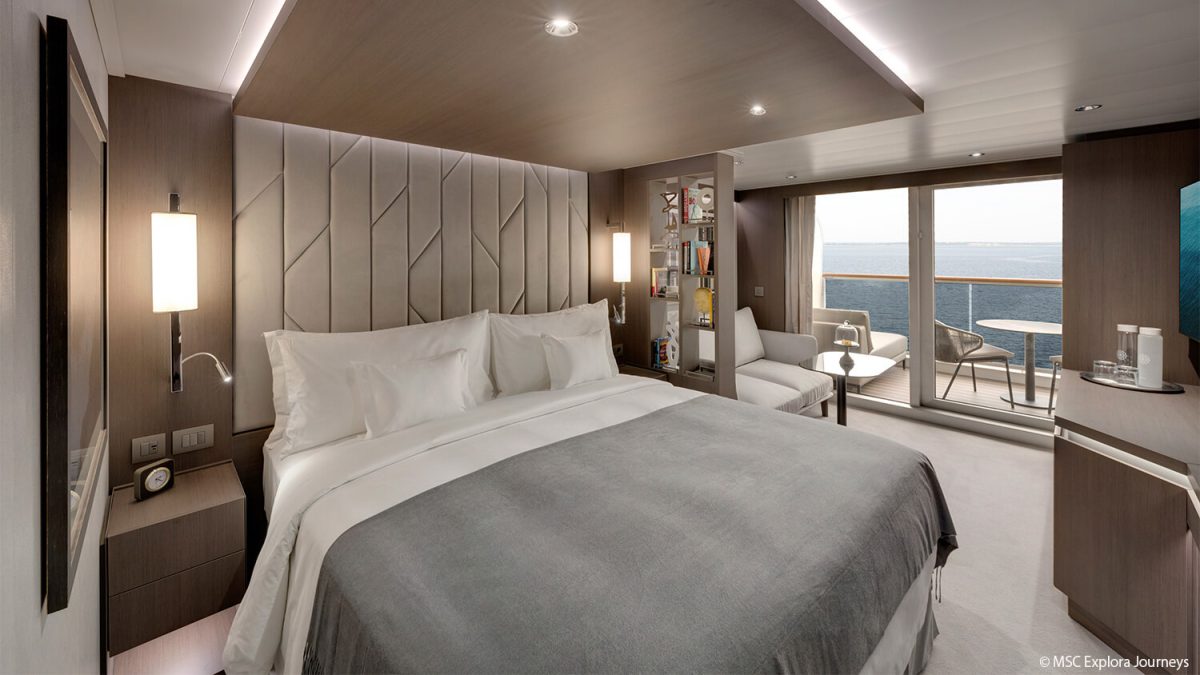 Interior view of Ocean Terrace Suite onboard Explora I cruise ship
